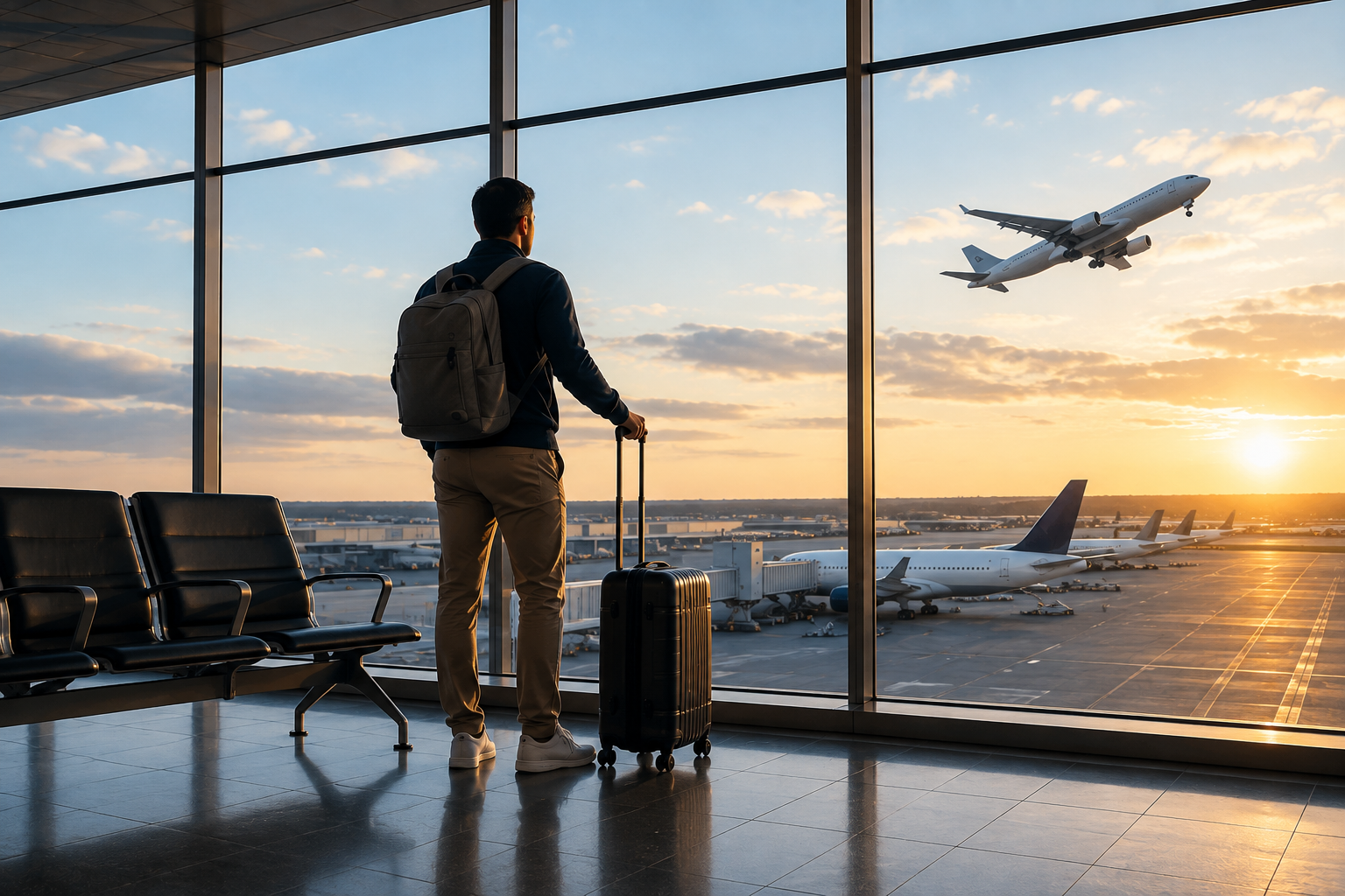 Traveller at an airport preparing for a journey